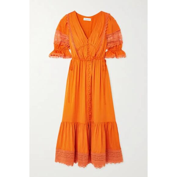 NWT SELF-PORTRAIT Lace Trim Satin Twill Ruffle Midi Dress In Orange Size 0 UK 4 - Picture 2 of 11